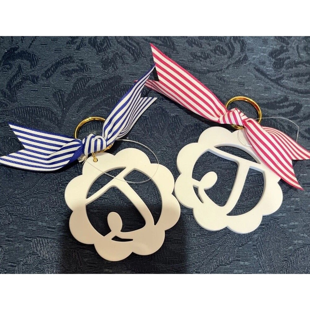 White Resin Initial Keychain Letter J Personalized Gift Pink/Blue/White Ribbon